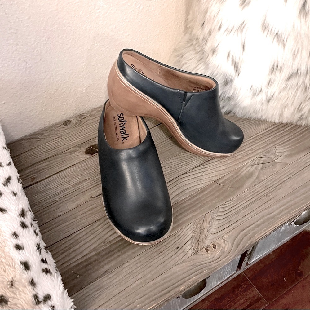 Softwalk Dark Navy Blue Leather Platform Clog Wedge Heel Mule Slip On Shoes 7W